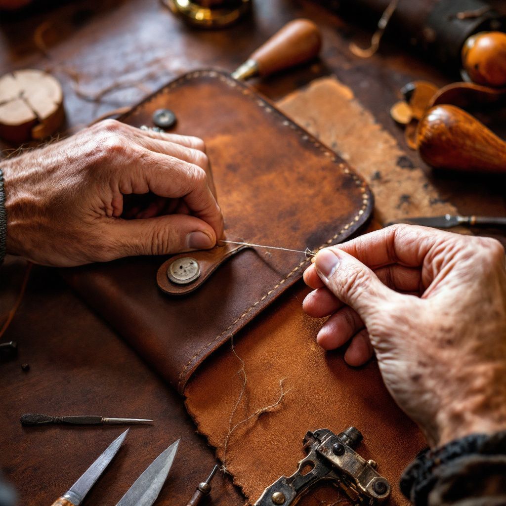 Artisan hand-stitching a leather bag using traditional techniques