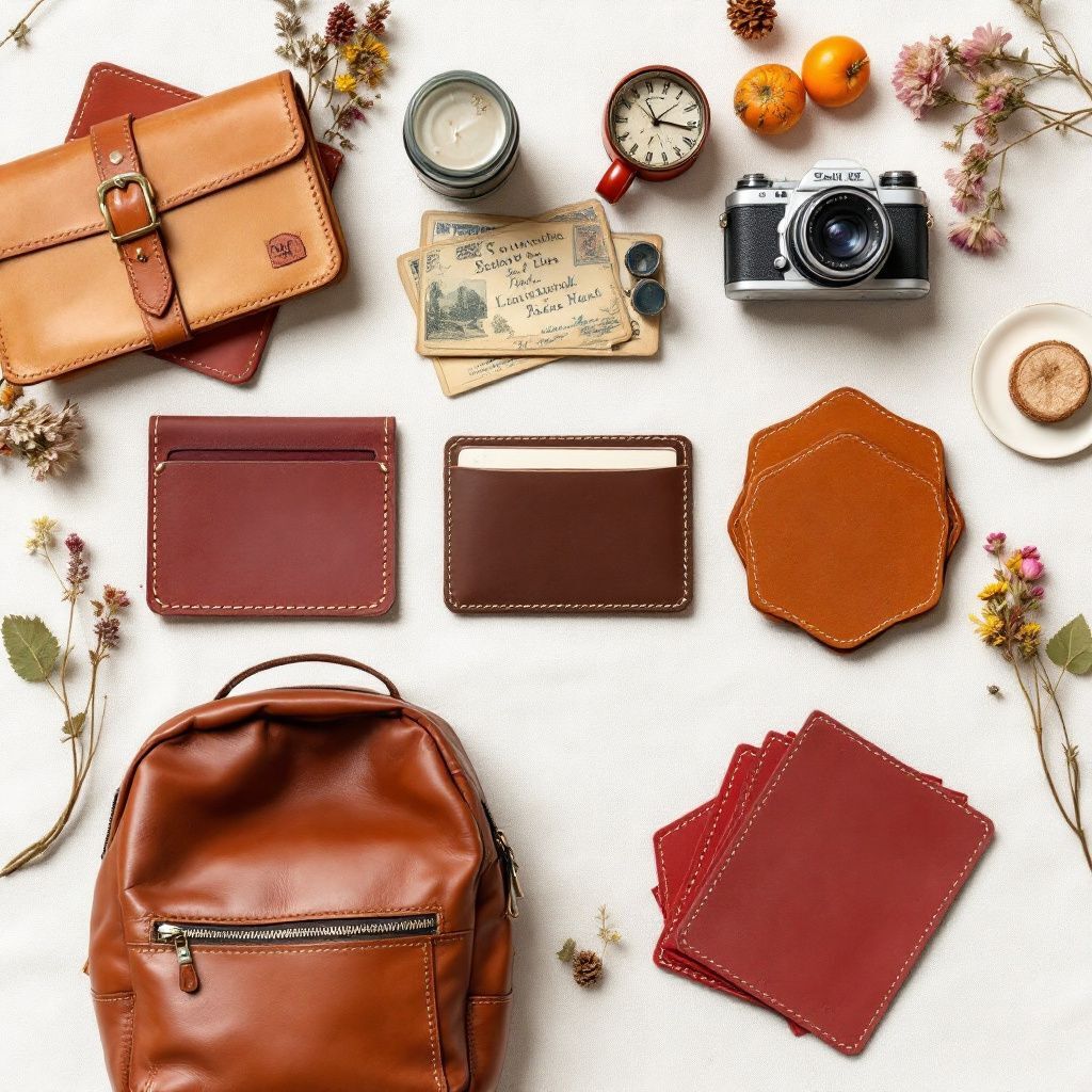 Flat lay showing unique handmade leather gifts