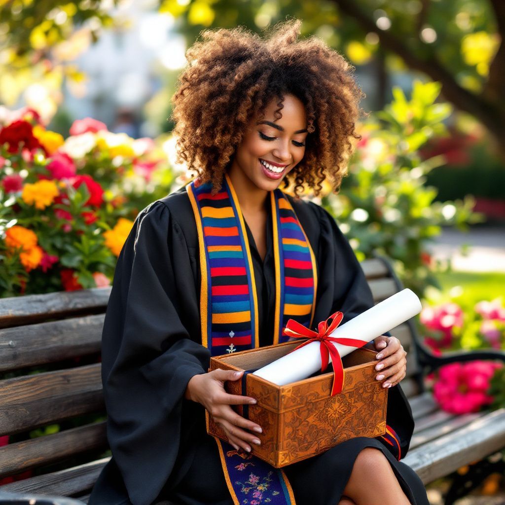 Happy graduate receiving a leather journal as a graduation gift