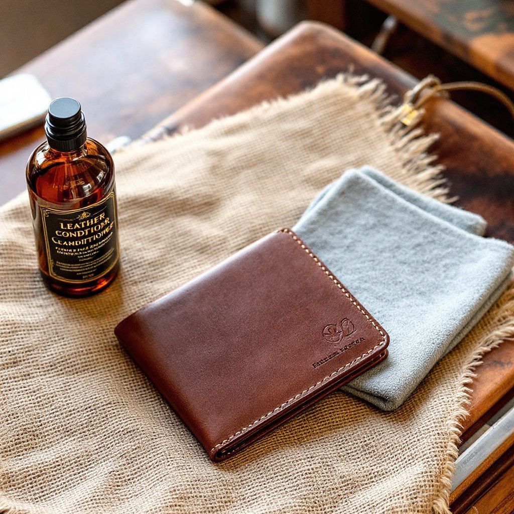 Leather care kit beside handmade wallet