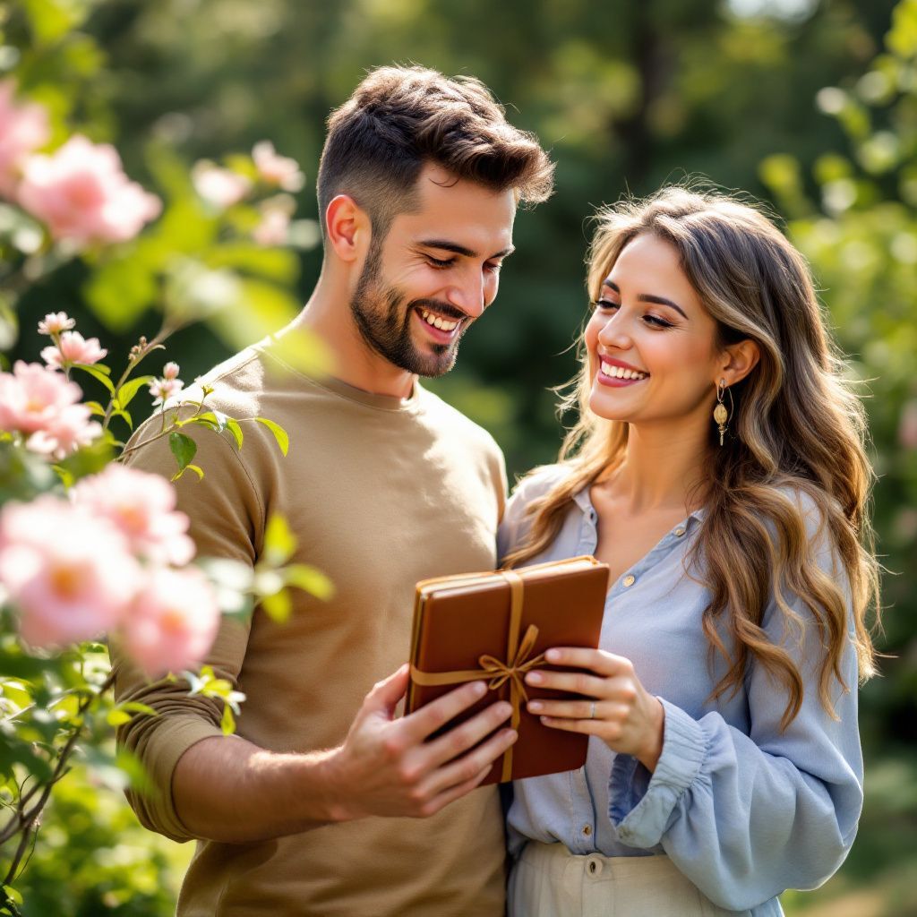 Husband gifting a personalized leather journal on anniversary