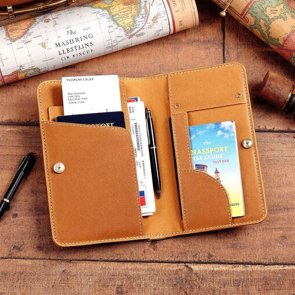 Flat lay of leather passport holder, journal, and boarding pass